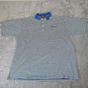 Divots Golf Shirt Mens XL Blue‎ Yellow Striped 100% Prima Cotton Logo Sportswear